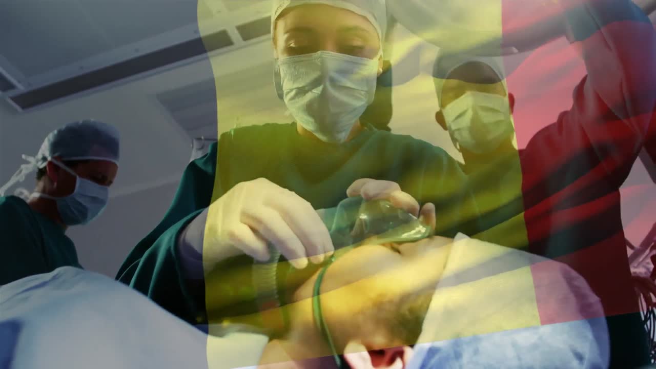 Animation of flag of belg waving over surgeons in operating theatre