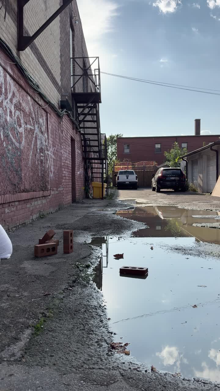 Urban alley with puddles, bricks and graffiti near industrial buildings in Toronto Canada, street environment