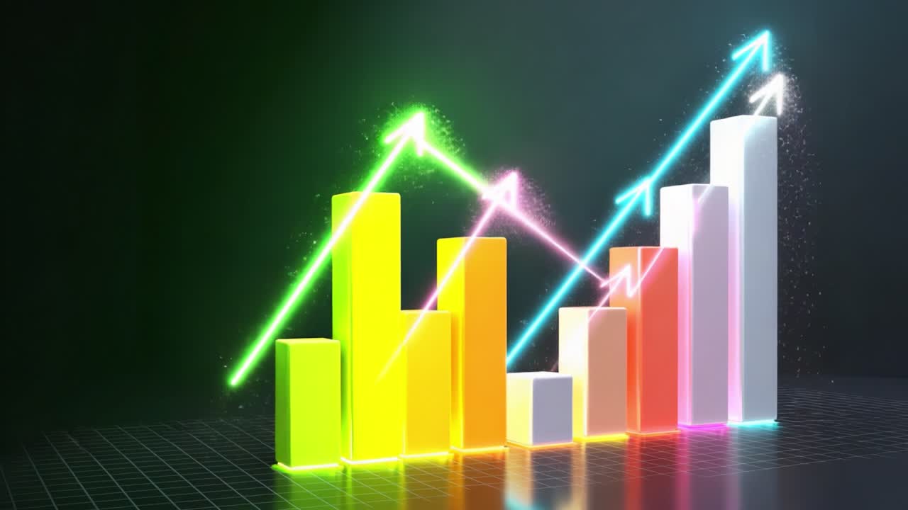 Dynamic Growth Visualization with Colorful Bar Charts Displaying Increasing Data Trends through Highlighted Arrows Representing Progress in a Dark Background Setting