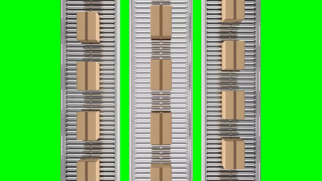 animación de cajas de cartón que se mueven en cintas transportadoras contra un fondo verde