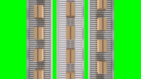 Animation-of-cardboard-boxes-moving-on-conveyor-belts-against-green-background