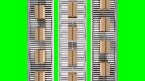 animación de cajas de cartón que se mueven en cintas transportadoras contra un fondo verde