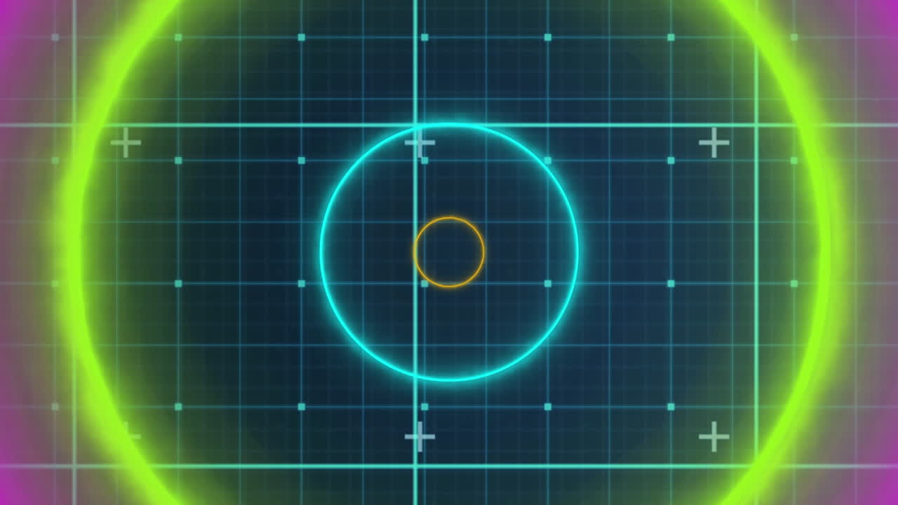 파란색 배경에 대한 그리드 네트워크에 대한 원활한 패턴으로 네온 원형의 애니메이션