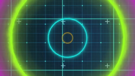 animación de formas circulares de neón en un patrón sin costuras sobre una red de cuadrícula contra un fondo azul