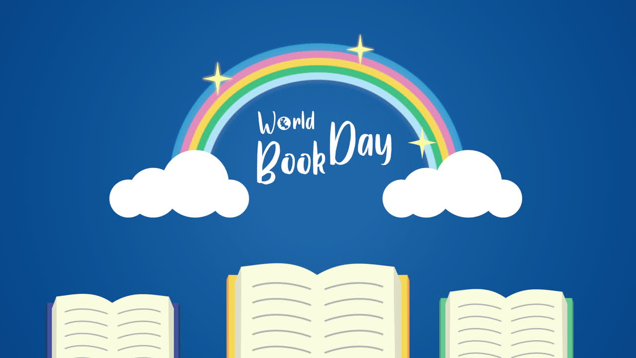 celebración del día mundial del libro con libros y arco iris