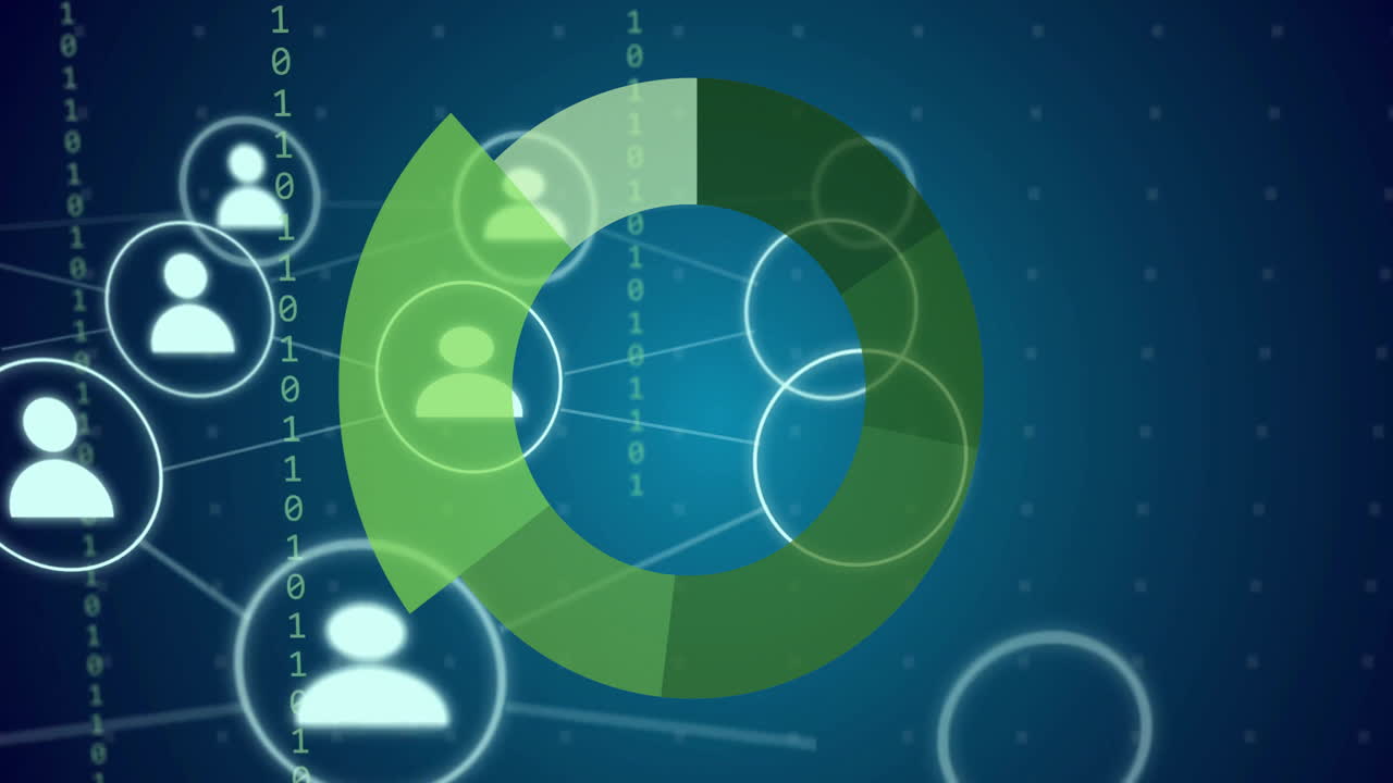 red de iconos de usuario y animación de código binario sobre fondo azul