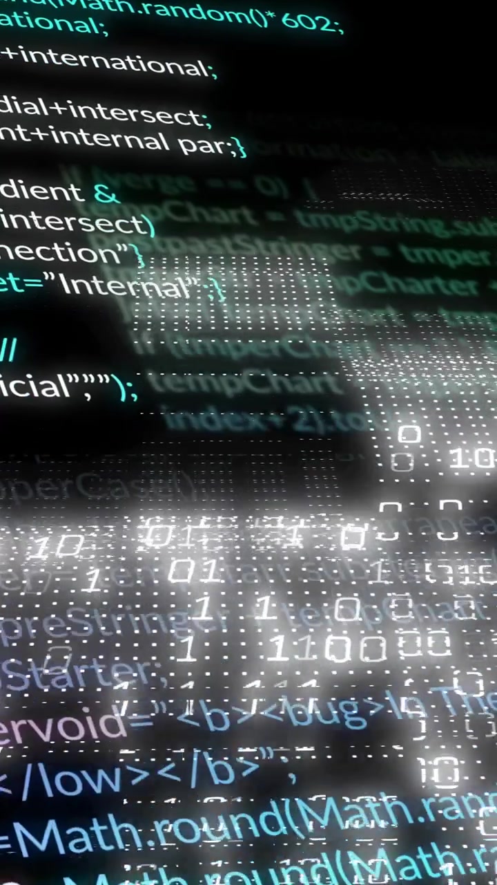 Animation of glowing code forming digital skull on dark background