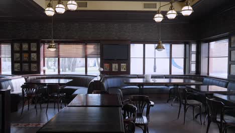 wide shot interior of luxurious modern restaurant with no people. stylish comfortable pub indoors without visitors. live camera moves forward.