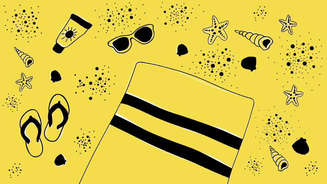 Animated summer background with black hand drawn beach objects on yellow