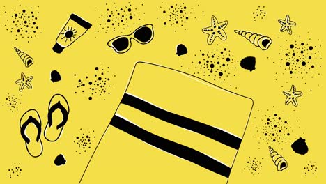 fondo de verano animado con objetos de playa dibujados a mano en negro sobre amarillo.