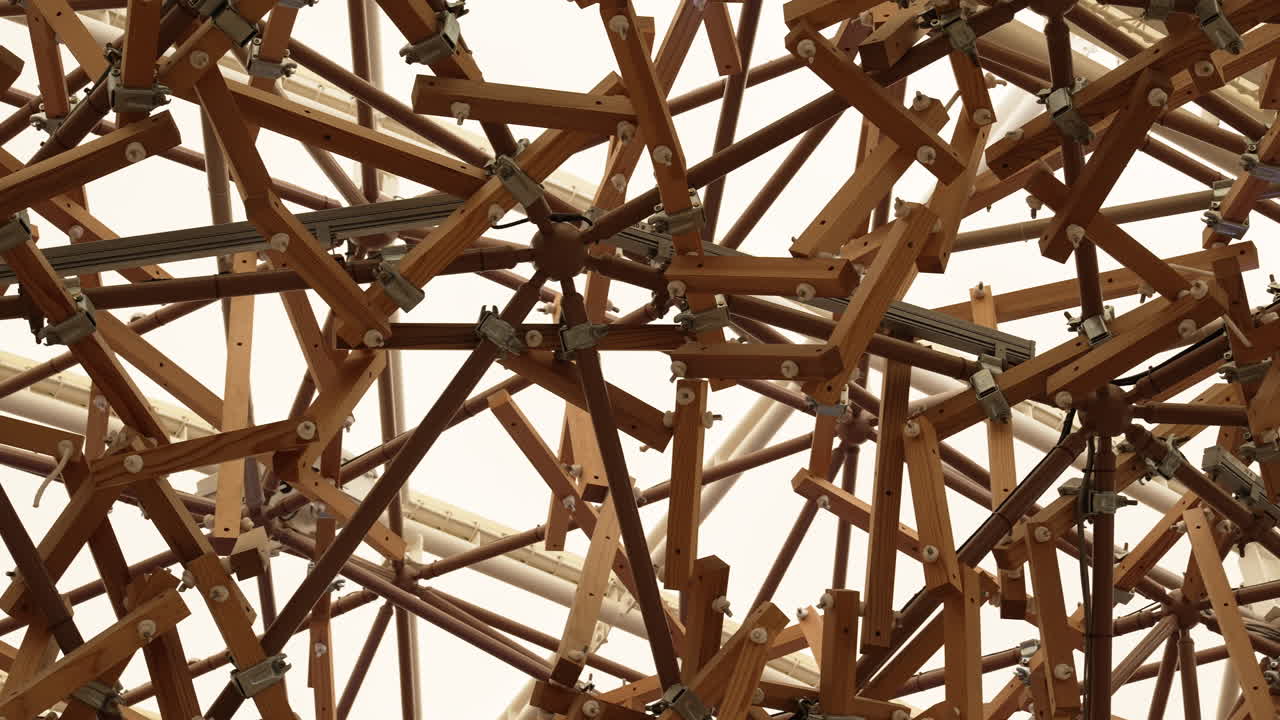 Intricate wooden roof structure with exposed beams and joints