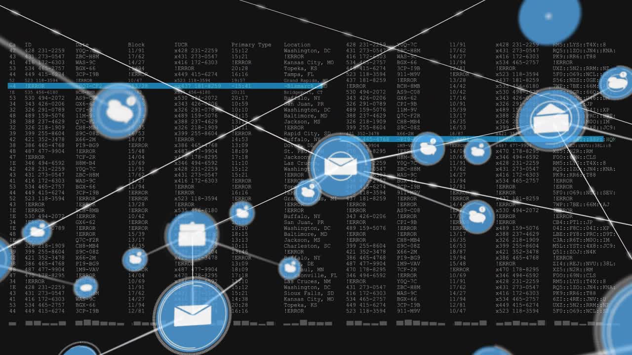 Central envelope sparking node spawn, icons linking via lines across black field for tech data flow