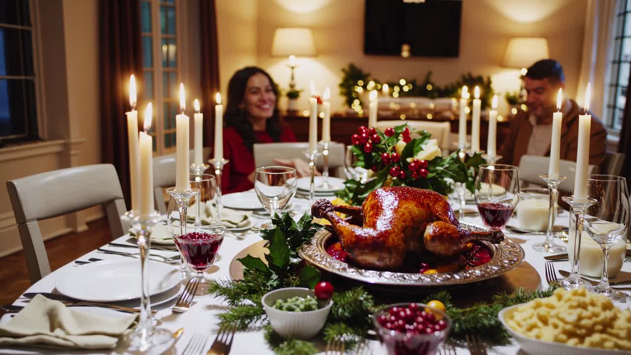 Festive dinner table with a roasted turkey centerpiece, captured in a warm, inviting video