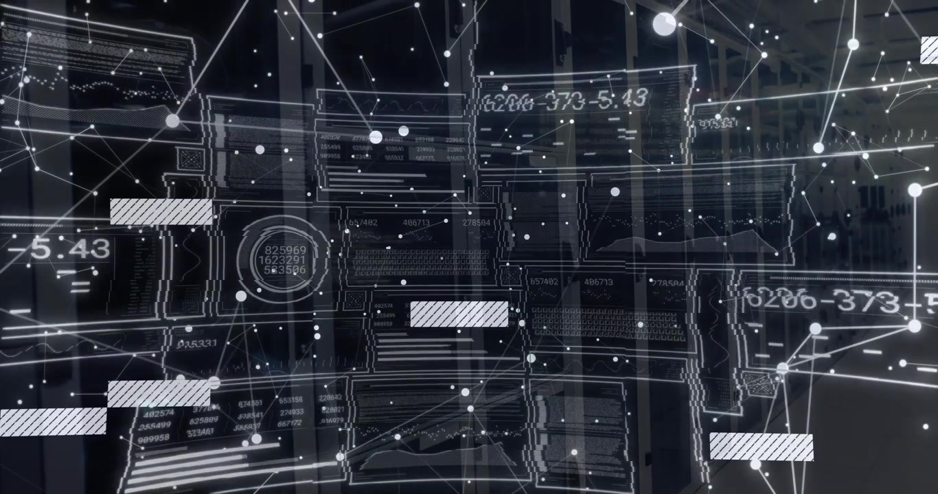 Overlay projecting network grid, floating particles, shifting data bars, visualizing data flow