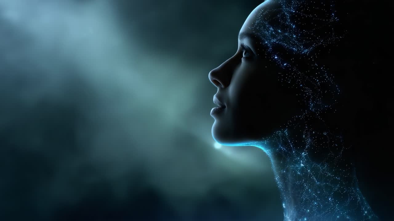 Una rappresentazione digitale ipnotica di una silhouette umana illuminata dalla luce delle stelle, che incarna la fusione tra tecnologia e coscienza umana in un contesto cosmico.