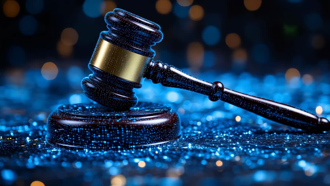 Gavel on stand with sparkles. A gavel lies on a dark stand, surrounded by a shimmering blue background that adds a touch of elegance to the scene.
