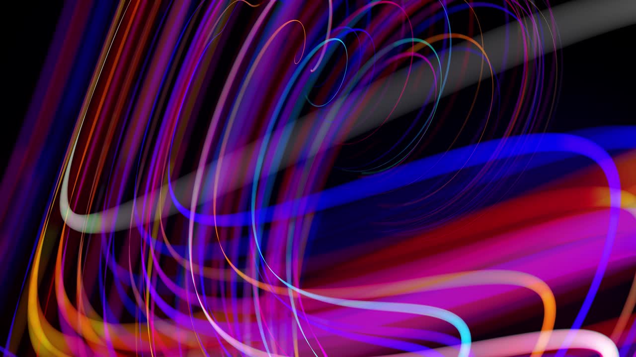 Motion graphics, sci-fi bg. Stream of multicolor neon lines form spiral shape, curls and pattern. Abstract background with light trails, Modern trendy motion design background. Light flow bg in 4k.