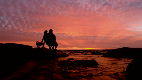 el padre muestra a la joven hija y al pequeño perro una vibrante puesta de sol en la costa, siluetas
