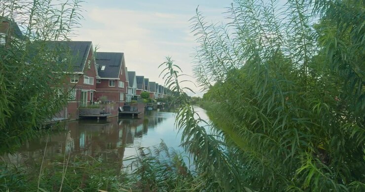 Canale olandese con case in mattoni rossi che si riflettono nell'acqua calma, circondato da canne e vegetazione lussureggiante. Paesaggio di un corso d'acqua urbano in una zona residenziale, con scorci di fiume, lago e ruscello
