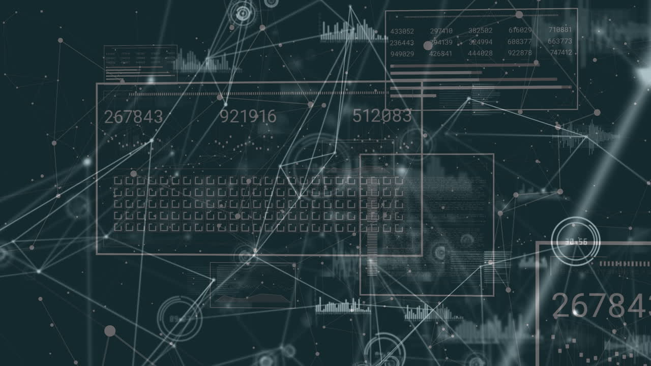 Animation of network of connections over data processing on black background