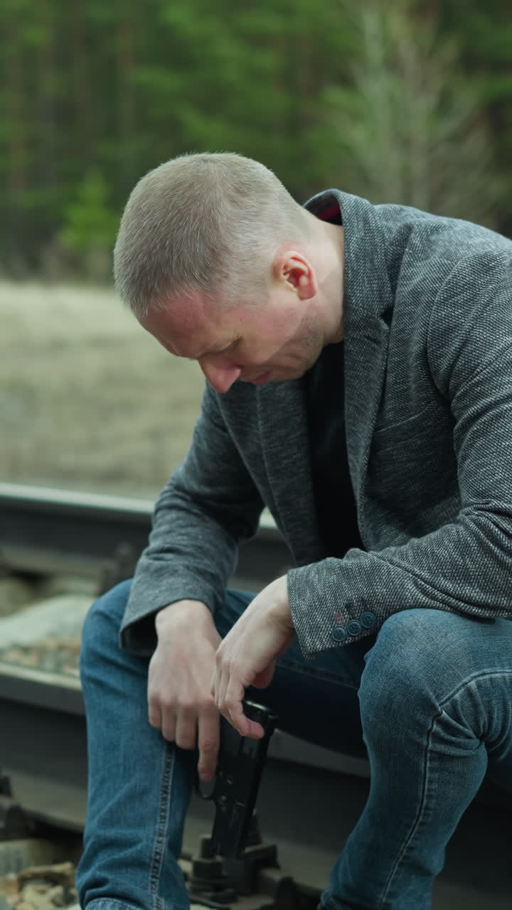 A close view of a man in a gray jacket, blue jeans, and canvas shoes, handling a handgun while sitting beside a railway track, the background shows a blurred view of a green forest