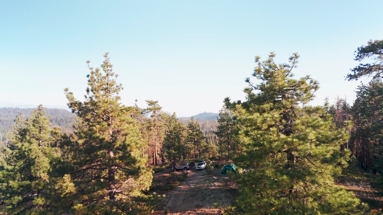 Camping Site In The Forest Mountain Of Sequoia National Park In California, United States. Aerial Drone Shot