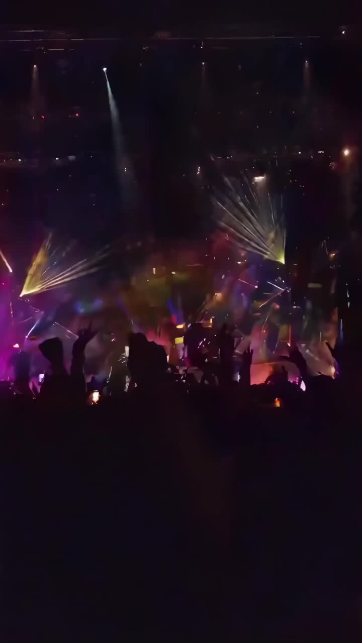 Video dall'alto di una vibrante scena di concerto con luci colorate e una folla esultante.