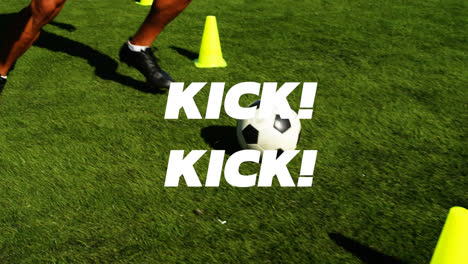 animation of kick text over football player on the pitch