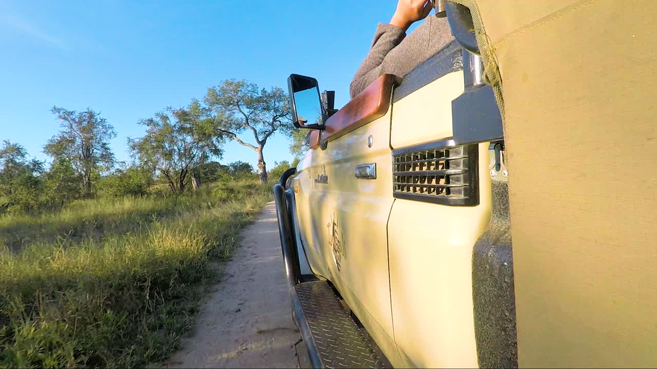 남아프리카의 크루거 공원 모험에서 사이드 마운트 카메라