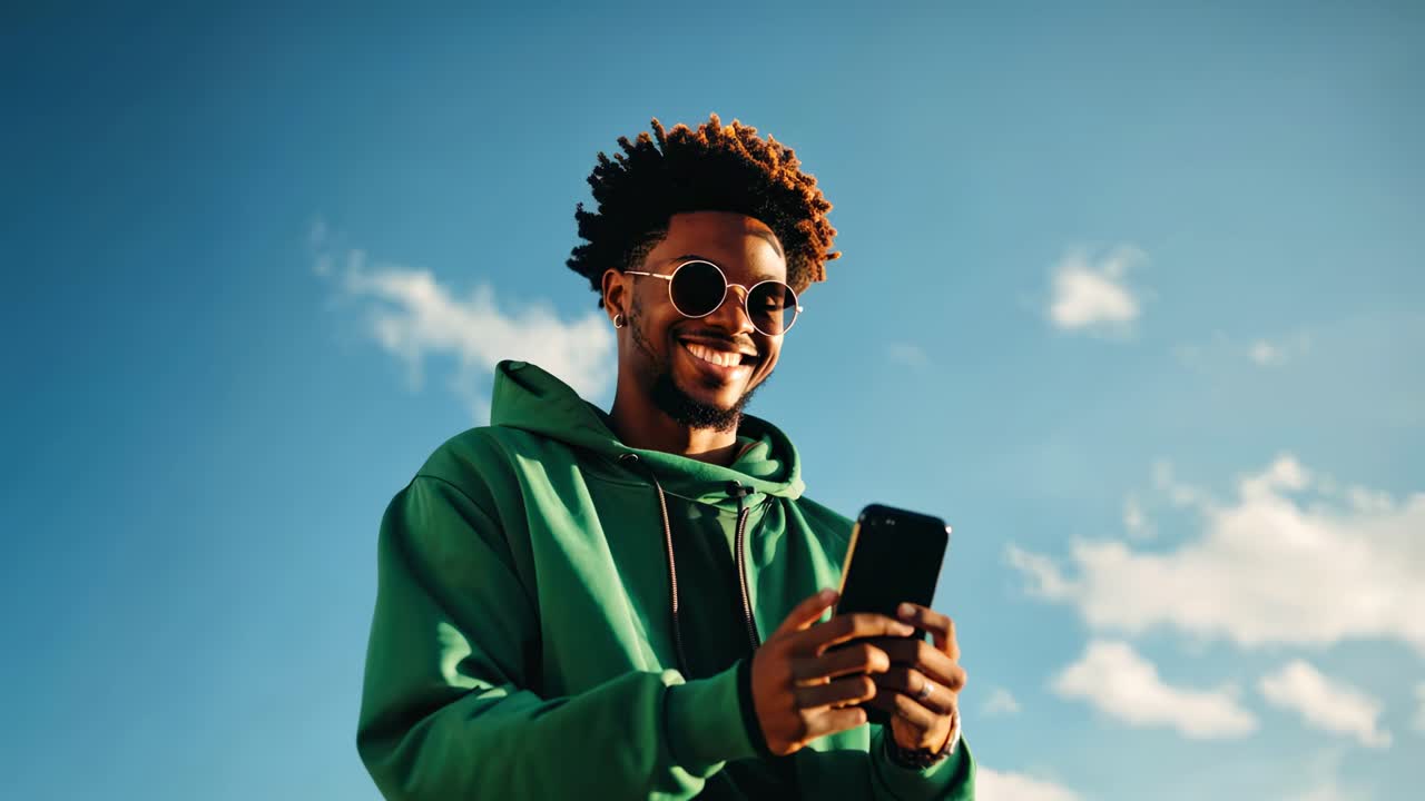 Low-angle shot of a stylish person in sunglasses and a green hoodie, smiling while using
