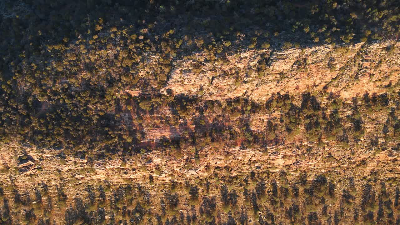 Topdown view along Jarvis hill Landscape, Rocky forested cliff, South Australia