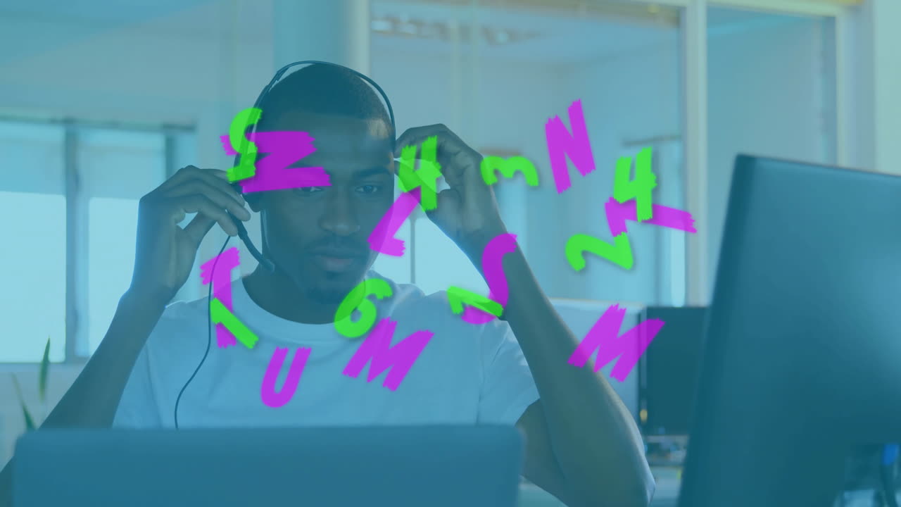 Man adjusting headset in digital business workspace, with floating green and pink data symbols