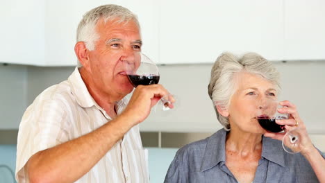 una pareja de ancianos preparando una ensalada saludable mientras beben vino rojo