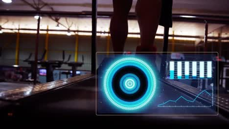 Animation-of-data-processing-over-man-running-on-treadmill,-exercising-in-gym