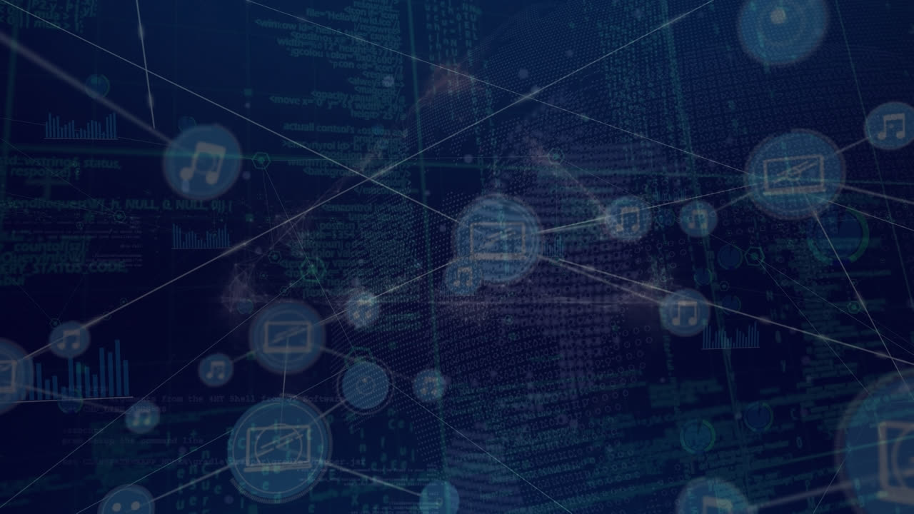 Animation of network of connections with icons over data processing and globe on black background