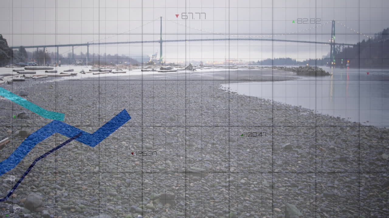 배경에 다리가 있는 바위 해변 위의 애니메이션 그래프