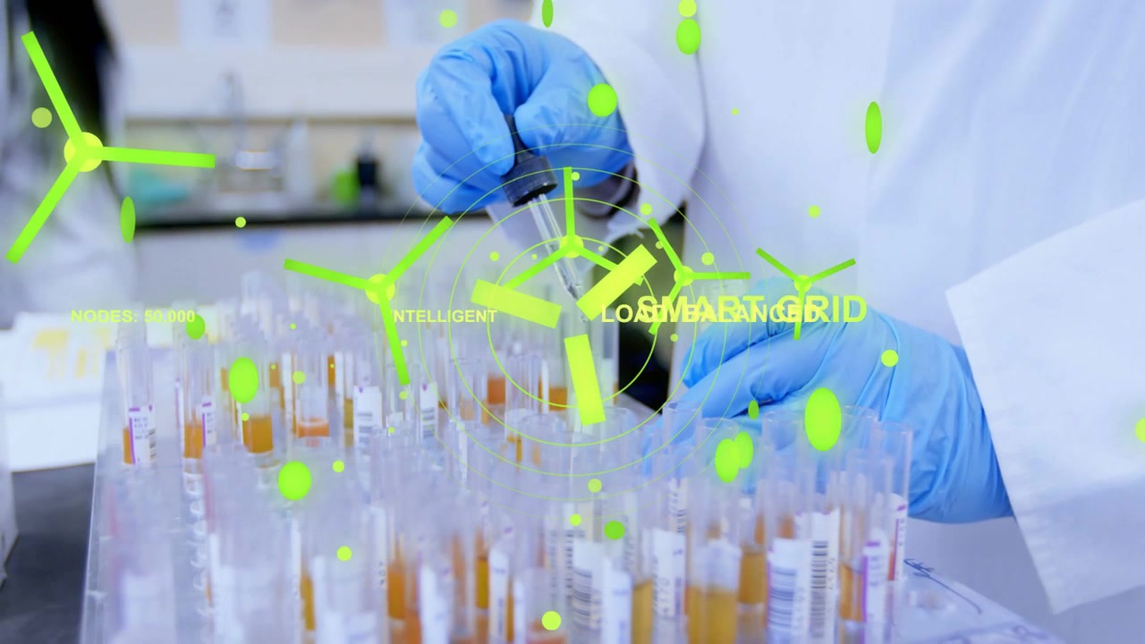 Lab tech tapping tubes with scanner, initiating neon green smart grid overlays updating balance