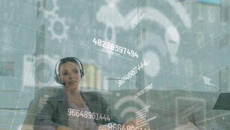 Animation-of-data-processing-and-digital-icons-over-businesswoman-wearing-phone-headset