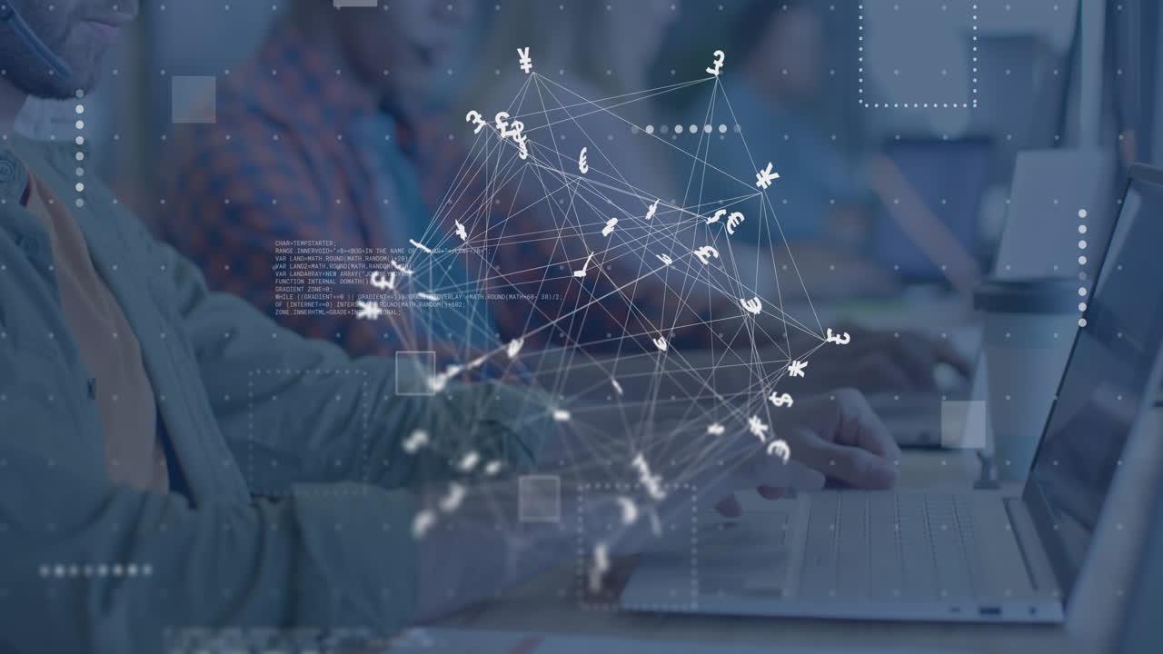 Animation of network with data processing and pound signs over diverse businesspeople