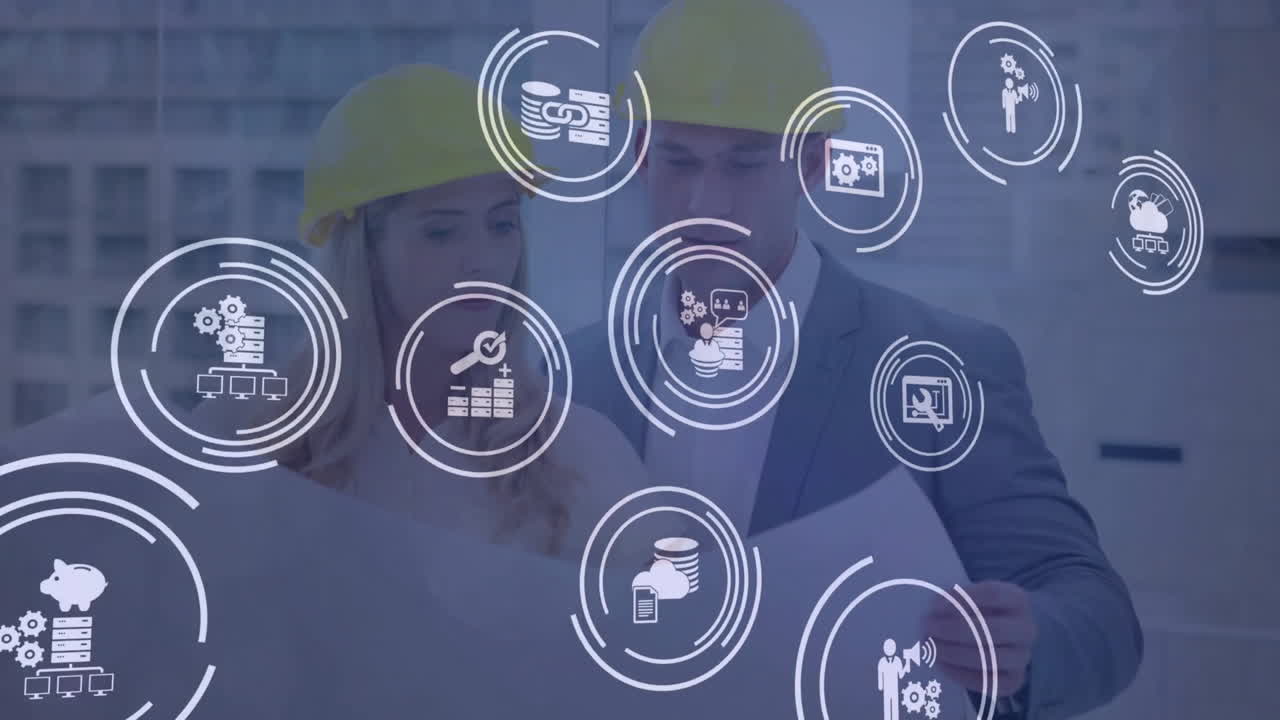 animación del icono en círculos de carga sobre ingenieros caucásicos discutiendo el plano del piso en el plano