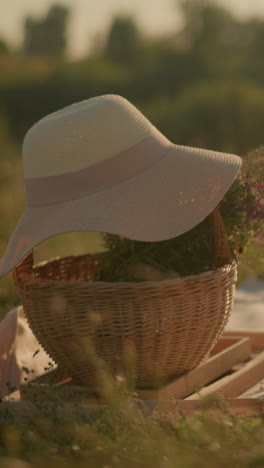 cesta tejida con flores y sombrero de sol en una alfombra en una zona de hierba abierta bajo la luz del sol, con un fondo borroso de la naturaleza, evocando un pacífico día de verano, vibraciones de picnic en el campo