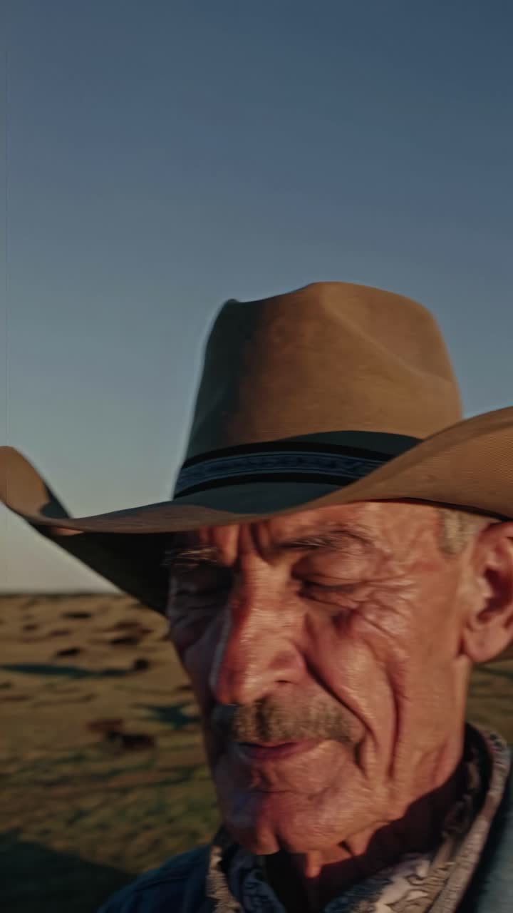 Close-up video of an elderly cowboy in a hat, captured at eye level, highlighting rugged features