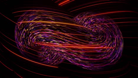 abstract twisted lines moving on black background, infinity concept. animation. beautiful neon figure with flowing pink and red particles, seamless loop