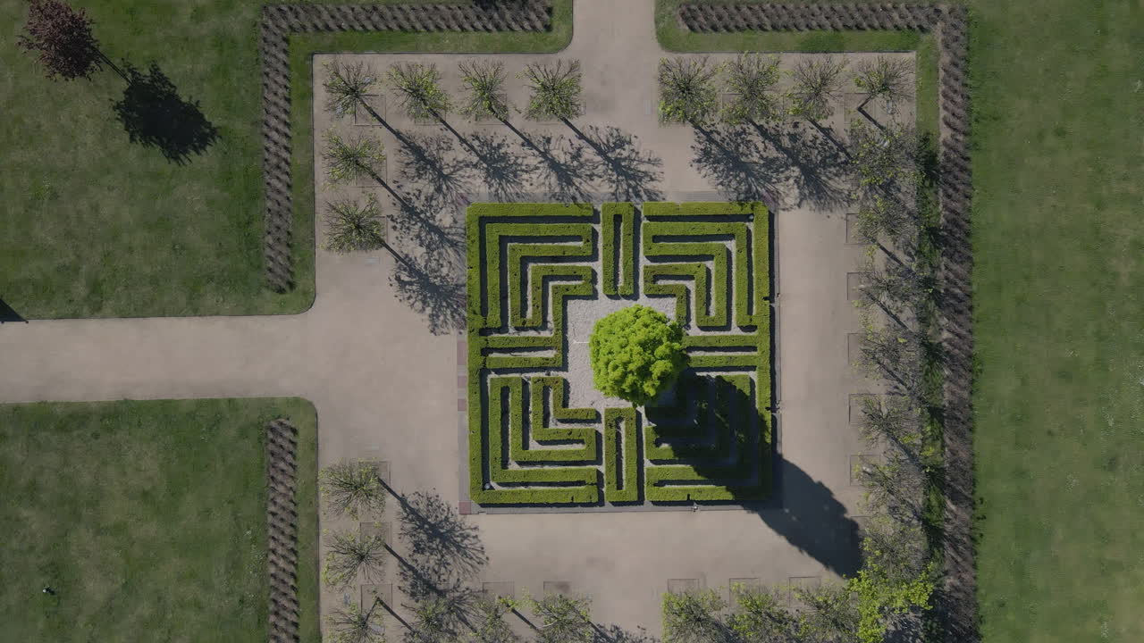 Aerial Pedestal Up View Of Hedge Maze With Tree In The Middle In Park