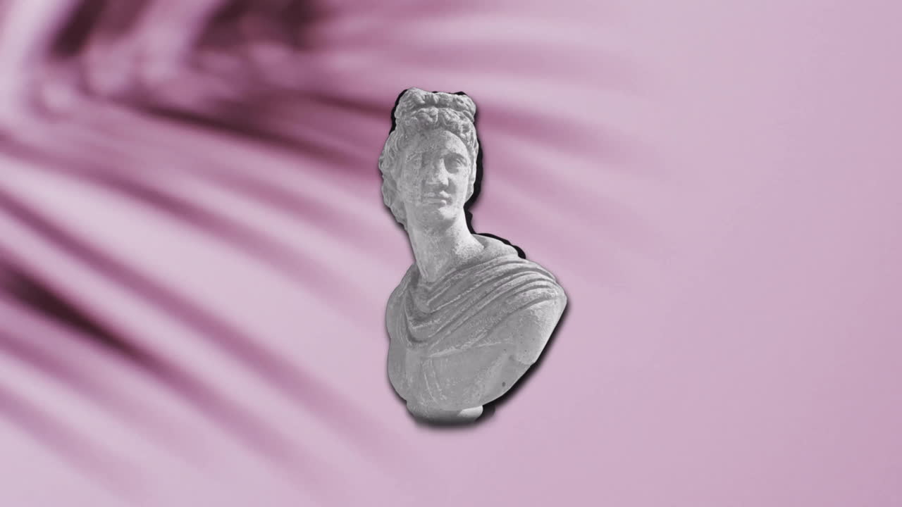 Animation of ancient sculpture bust with glitch over shadow of palm leaf on pink background