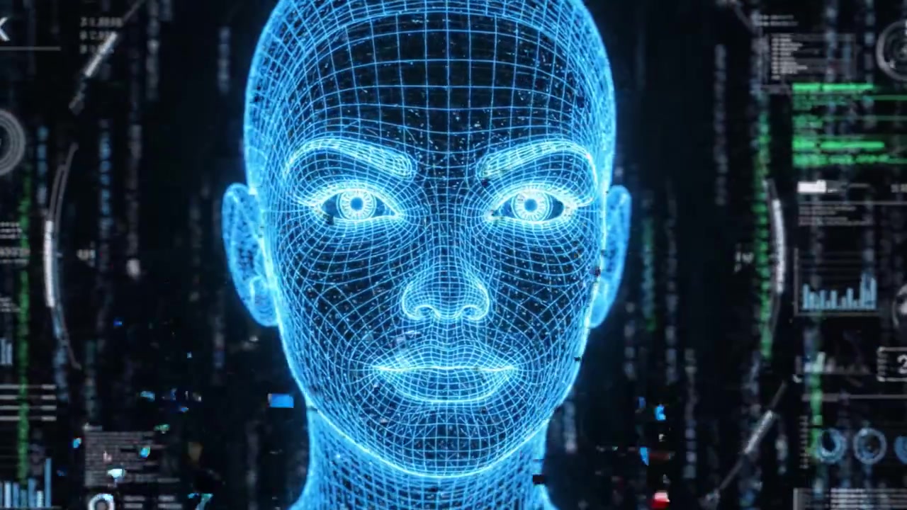 A futuristic visualization of a digital humanoid face rendered in a wireframe style, showcasing advanced technology and a high-tech aesthetic in an immersive digital environment.
