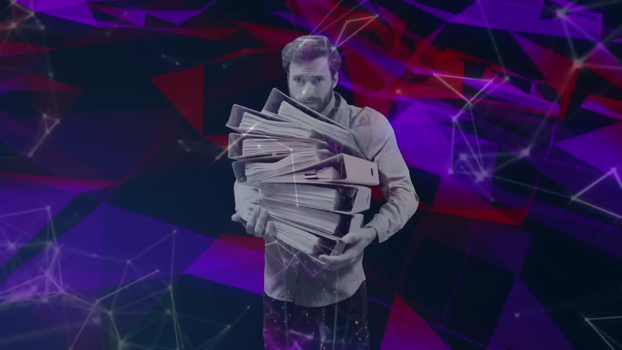 Animazione di uomo che trasporta documenti d'ufficio su rete di connessioni
