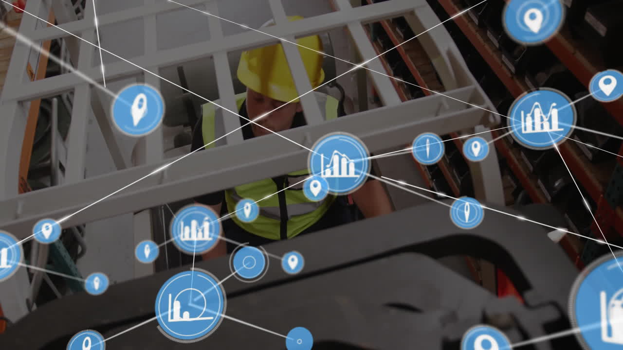 Wearing safety gear, construction worker with data points and network connections animation