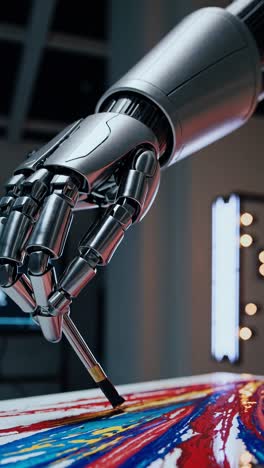 close-up, angled shot of a robotic hand painting vibrant colors, blending technology and art