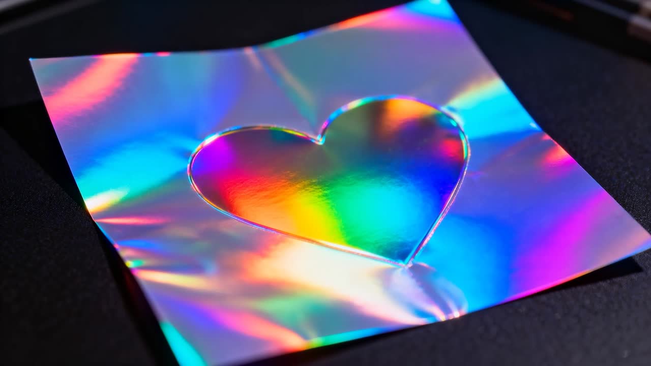 Angolo della luce variabile che crea un quadrato di lamina olografica che mostra un cuore arcobaleno ritagliato su un tappetino con penna